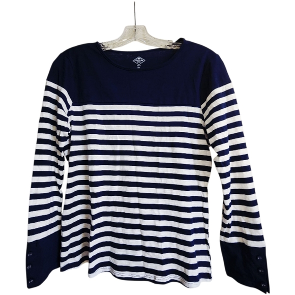 100% COTTON Women’s Petite Small Navy White Stripe Long Sleeve Cotton Top - Picture 1 of 5
